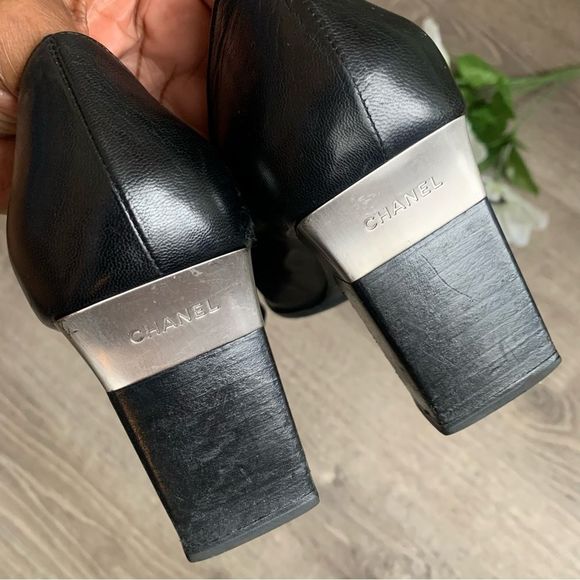 VINTAGE CHANEL Block Heel Shoes Black Silver Size 38 - Picture 11 of 16